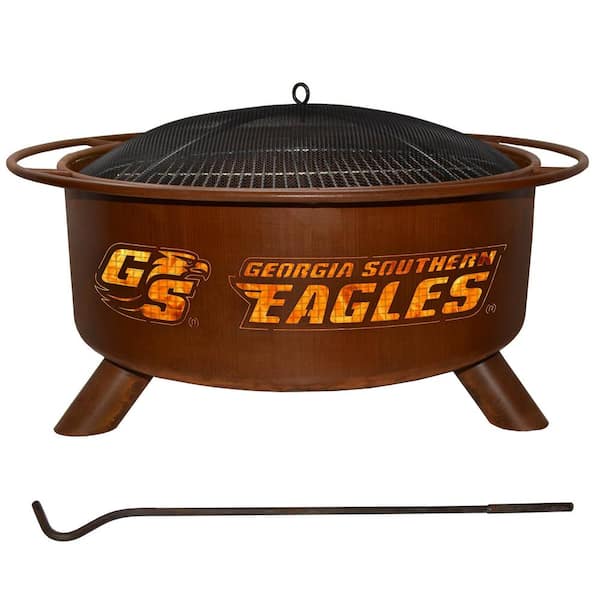 Unbranded Georgia Southern 29 in. x 18 in. Round Steel Wood Burning Rust Fire Pit with Grill Poker Spark Screen and Cover