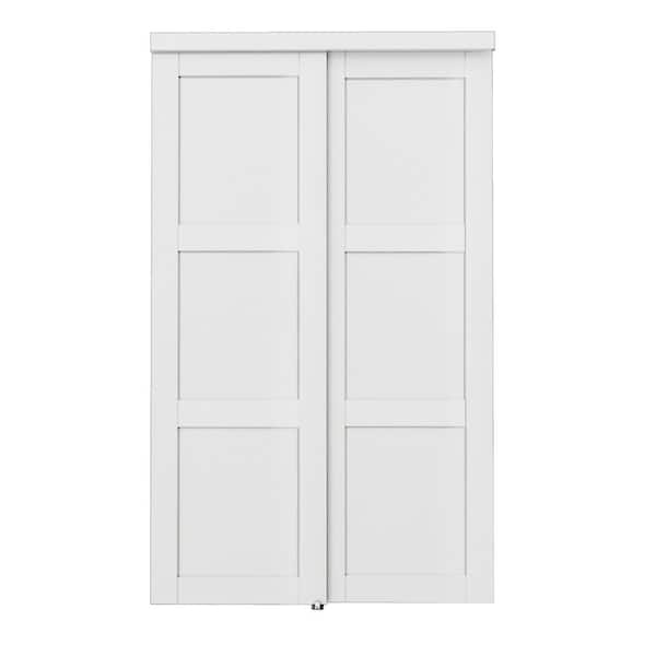 48 in. x 80 in. Paneled 3-Lite White Primed MDF Muti-Design Sliding Door with Hardware