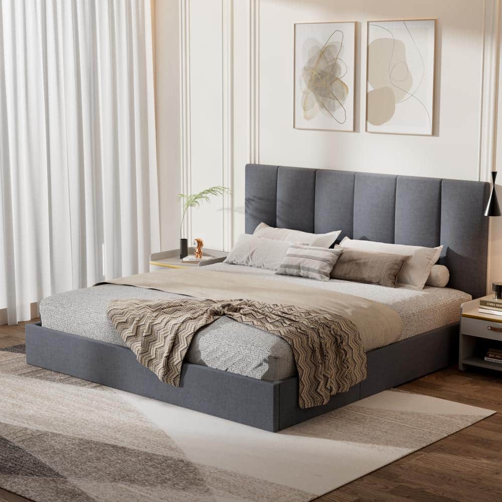 King Dark Grey Linen Upholstered Platform Bed with Tufted Headboard