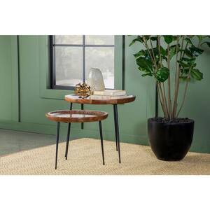 2-Piece Honey and Black Round Wood Top Nesting Table with Tripod Legs