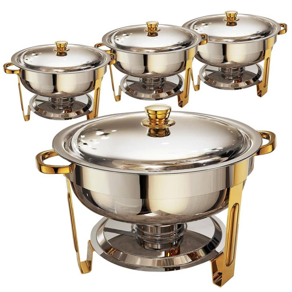 4 Pack 6 qt. Round Chafing Dish Buffet Set, Stainless Steel Buffet Food Warmers Sets for Catering Events Parties Dinners