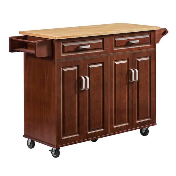 HMMHVV Brown Wood 53.8 in. Tabletop Rolling Kitchen Island with Drawers and Cabinet, Storage Mobile Kitchen Cart on Wheels