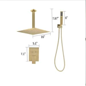 Single Handle 2-Spray Ceiling Mounted 16 in. Shower Head with Hand Shower Faucet in Brushed Gold(Valve Included)