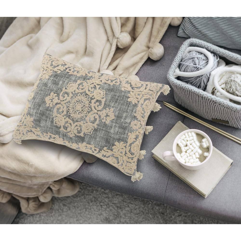 Gray and Beige Embroidered Rectangular Lumbar Pillow