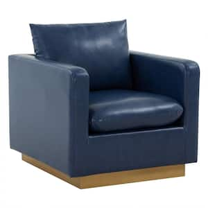 Nervo Modern Gold Frame Navy Blue Leather Upholstered Accent Arm Chair With Removable cushions