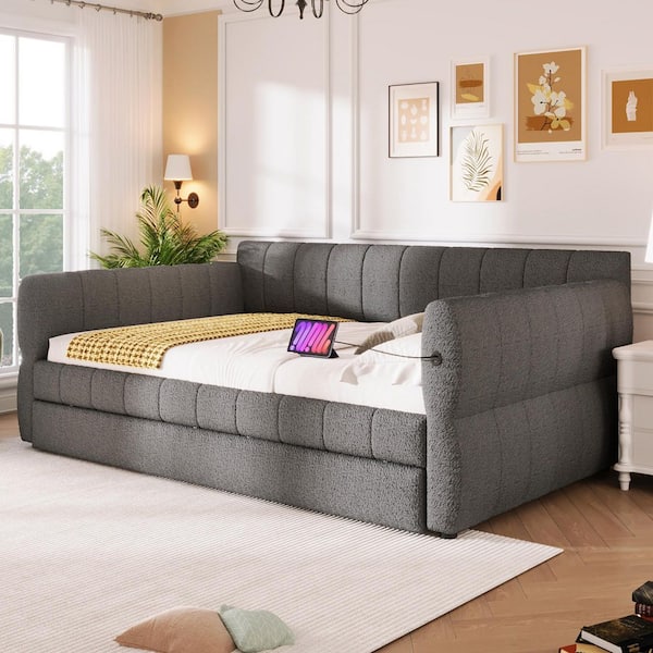 Gray Queen Size Upholstered Daybed with USB and Trundle