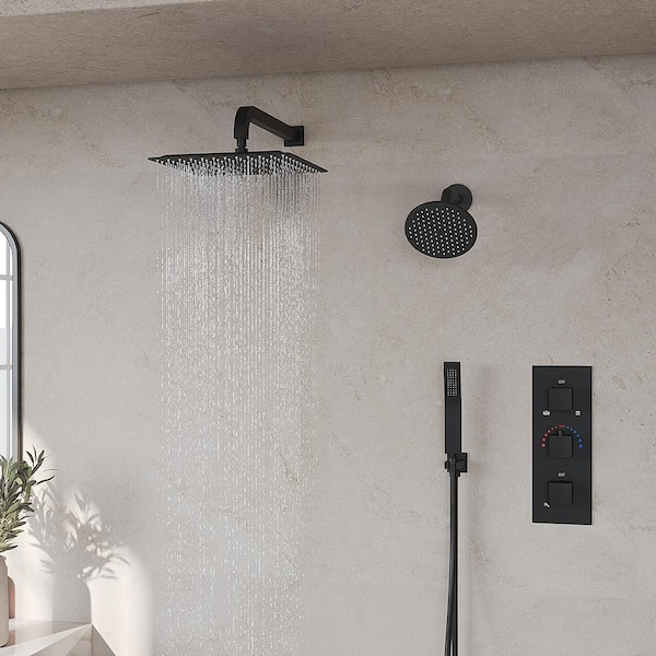 3 Handle 5-Spray Shower Faucet 2.5 GPM with Shower Drain, High Pressure, Anti Scald, Thermostatic Valve in Matte Black