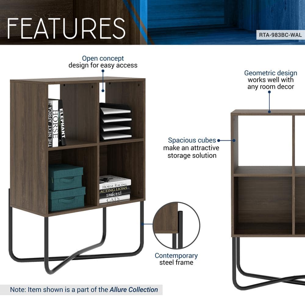 Modern Symmetrical 2-Tier Walnut Bookcase with Steel Cross-Legs