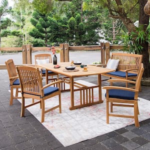 Caterina 6-Piece Teak Wood Outdoor Dining Set with Navy Cushion