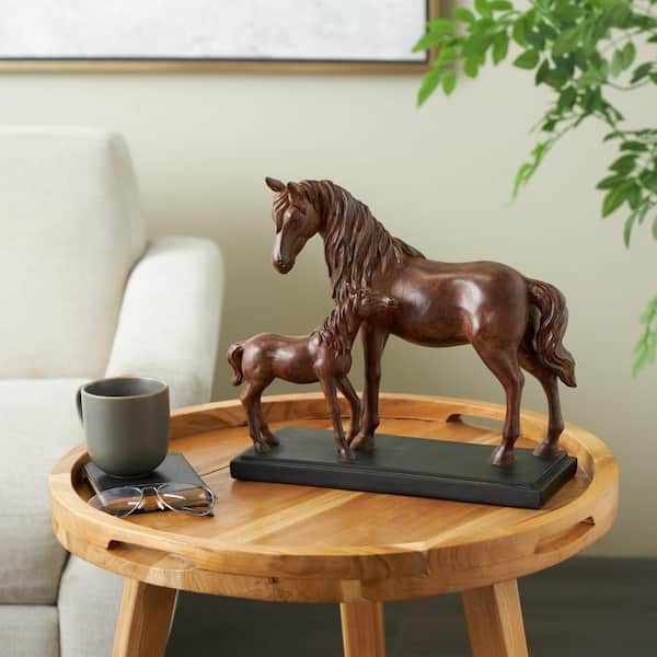 Litton Lane Dark Brown Ceramic Mom and Baby Horse Sculpture with Black Rectangle Base