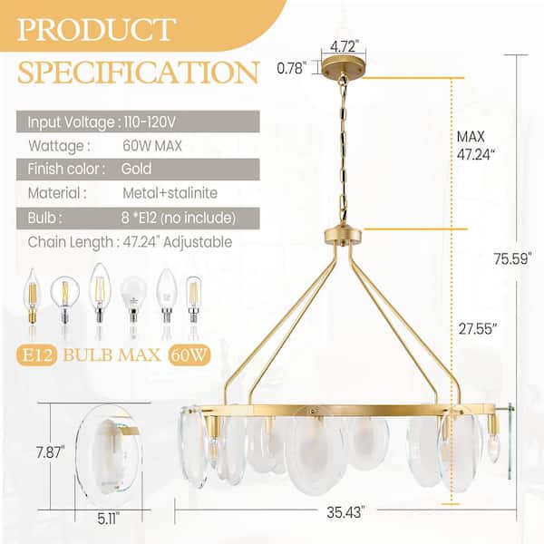 8-Light Gold Circle Chandelier with white Glass for Living Room