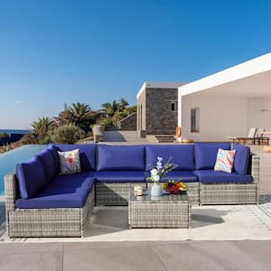 7-Piece Wicker Outdoor Sectional Set with Navy Blue Cushions
