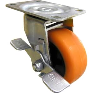 3 in. Orange Rubber Like TPU and Steel Swivel Plate Caster with Locking Brake and 225 lb. Load Rating