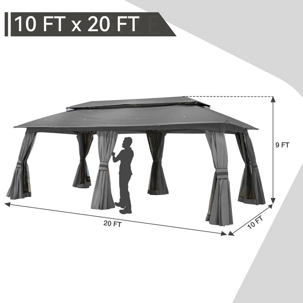 Gray Metal Patio Gazebo with Vented Roof and Curtains