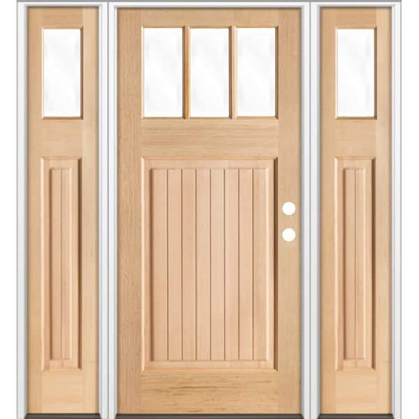 64 in. x 80 in. Craftsman 3-Lite Clear Glass VG RUnfinished Left Hand Hemlock Wood Prehung Front Door w/DSL