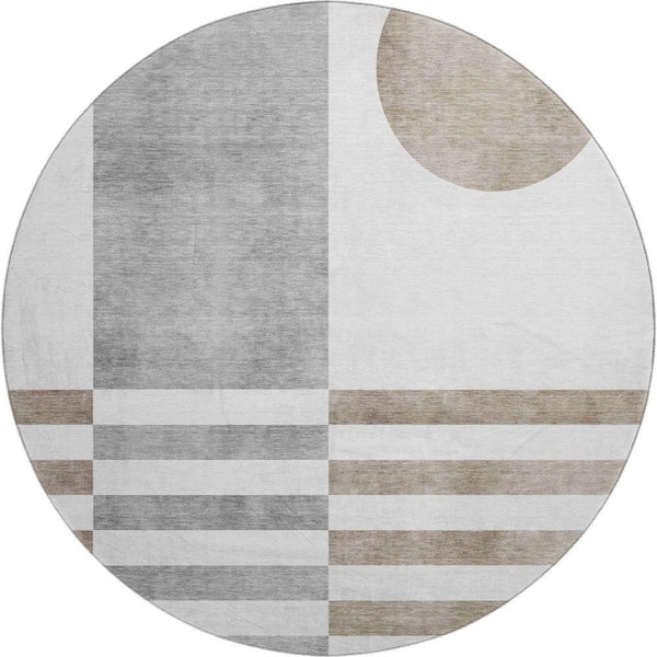 Mayfield Premium Machine Washable Abstract AMF2131 Ivory 8 ft. x 8 ft. Round Rug