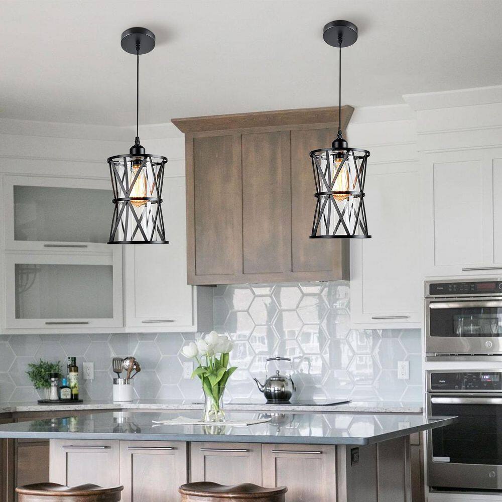 Black Metal Cage Mini Pendant Light with Clear Glass Shade