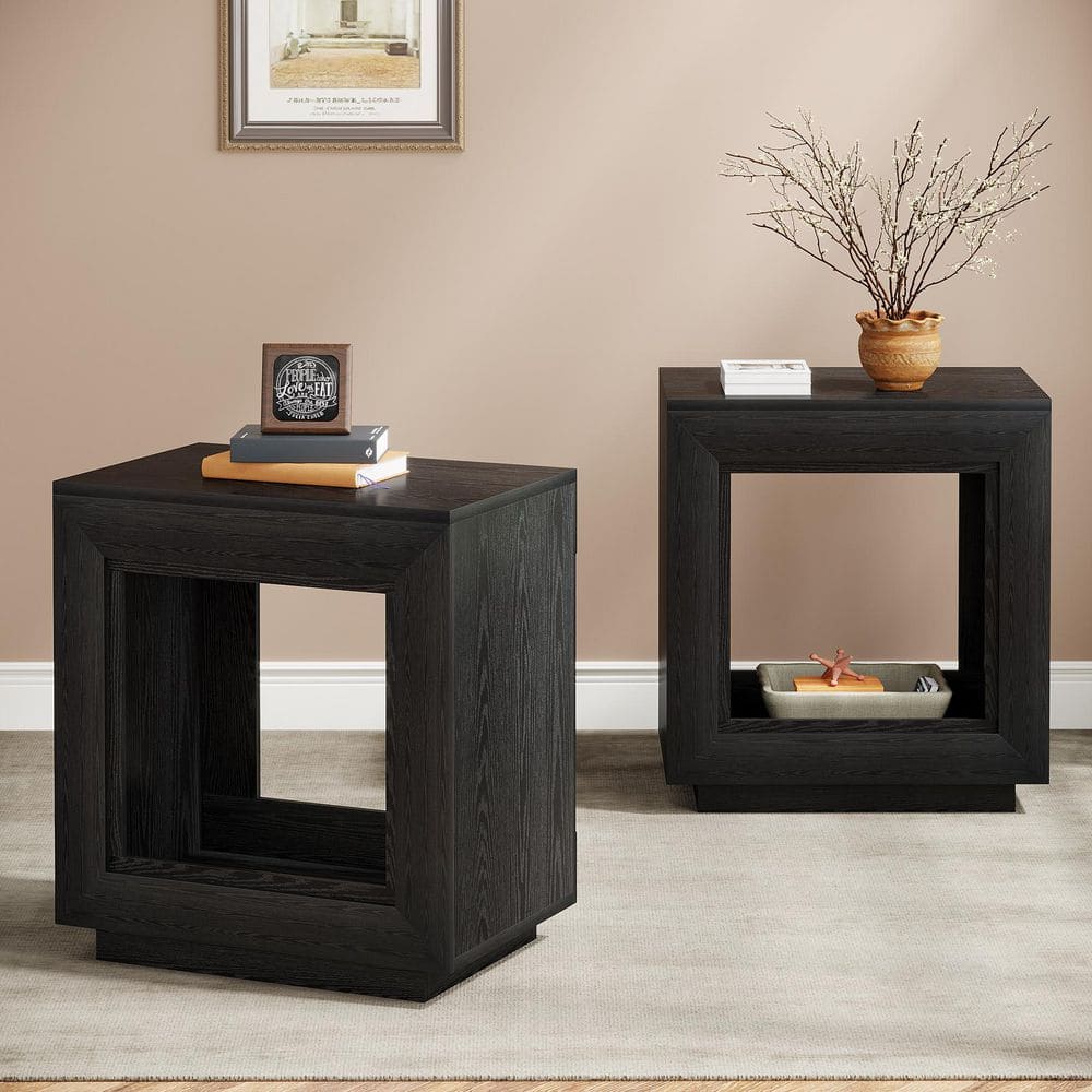 Kerlin 23.62 in. Black Rectangular Wood End Table, Nightstand Bedside Table With Storage, 2-piece - thumbnail 2