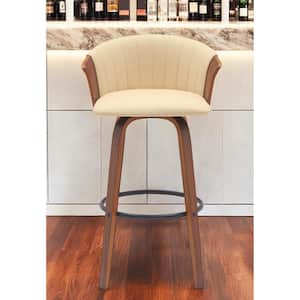 30 in. Cream High Back Wood Bar Stool Faux Leather Seat