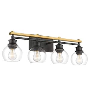 Modern 26.3 in. 4-Light Black and Gold Vanity Light with Clear Glass Shade Wall Light Fixture for Bathroom