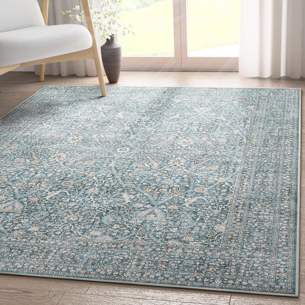 Blue and Beige Synthetic Flat-Weave Oriental Area Rug, 3'11" x 5'3"