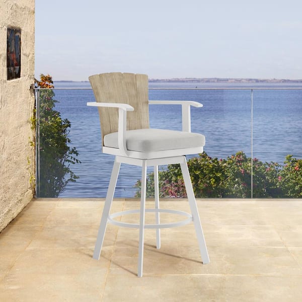 Armen Living Hazel Counter Height Swivel Teak Outdoor Bar Stool with Argent Gray Cushion