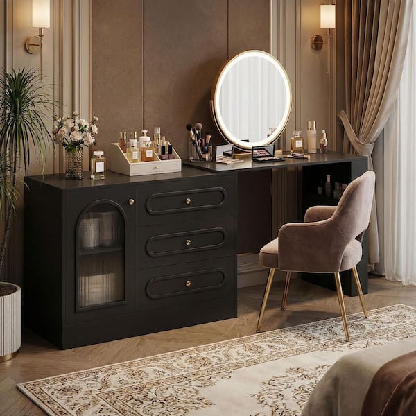 black dressing table design BYBLIGHT Helotes 39.37 in. Rotatable Makeup Desk Makeup Vanity Desk with 3 Drawers, Extendable Table(Only Desk) Bedroom