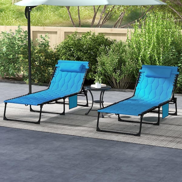 Otryad Sky Blue Metal Outdoor Chaise Lounge with 5-level Reclining Back, 2-Piece Folding Lounge Tanning Chair with Padded Seat