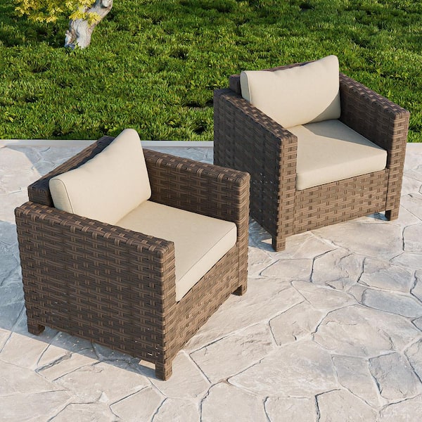 All-Weather Outdoor Wicker Lounge Chair with Wide Armrest and Beige Cushions (2-Piece)