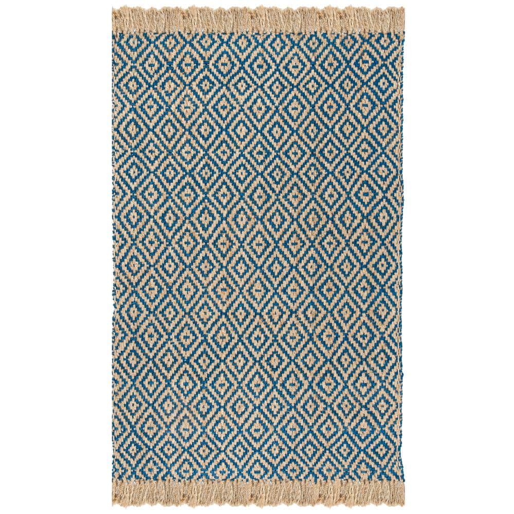 Hand-Woven Tropical Blue and Natural Jute Geometric 9' x 12' Rug
