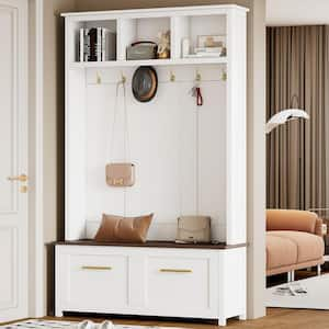 Versatile 4 in 1-Hall Tree with 6-Golden Hooks, Brown Wood Grain Bench with Multiple Storage Space, 2-Drawers, White