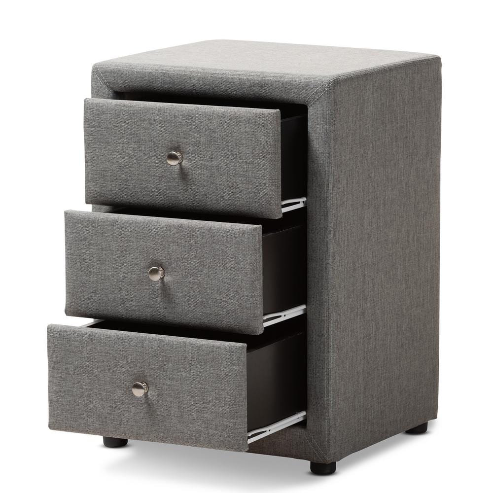 Contemporary Grey Fabric 3-Drawer Nightstand with Chrome Knobs