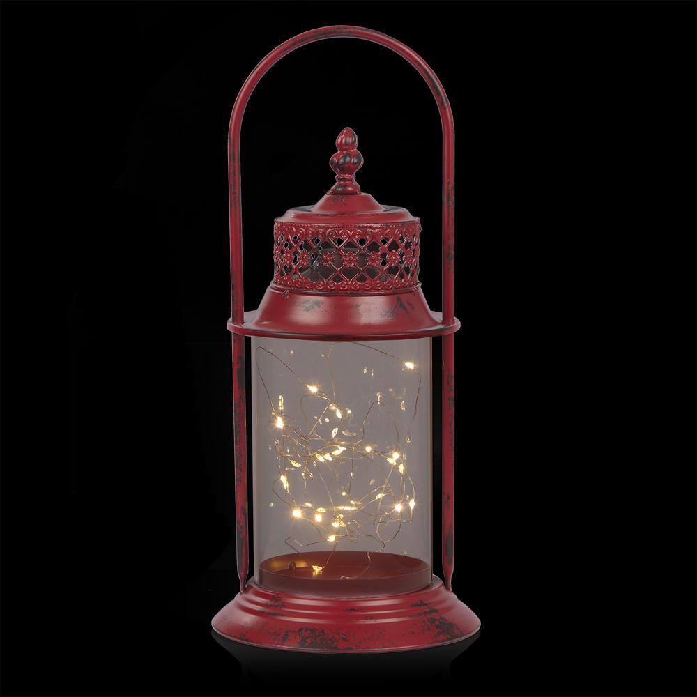 Red Antique Metal and Glass Lantern with Warm LED Lights