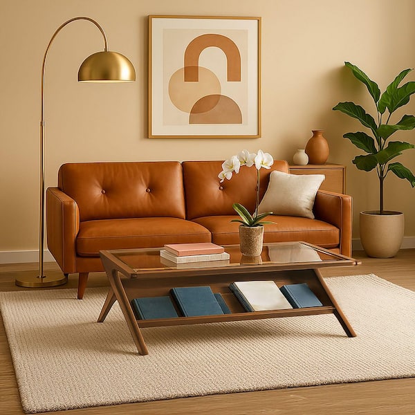 Rocket Pecan 44.125 in. W x 27 in. D x 16 in. H Coffee Table with Tempered Glass