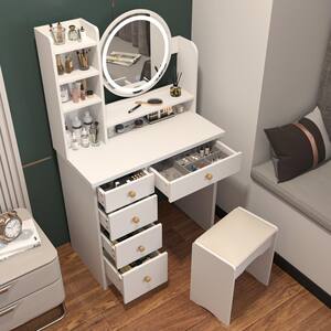 5-Drawers White Wood Makeup Vanity Set Dressing Desk W/ Stool, LED Round Mirror and Storage Shelves 52x 31.5x 15.7 in.