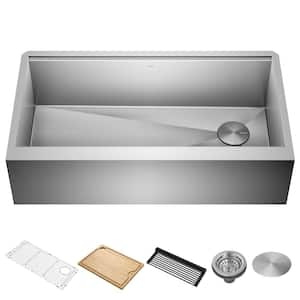 Kore 36 in. Farmhouse/Apron-Front Single Bowl 16 Gauge Stainless Steel Kitchen Workstation Sink with Accessories