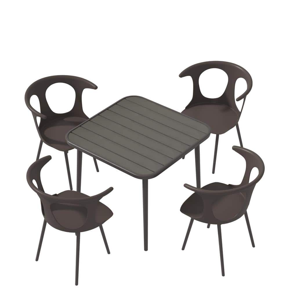 Mondawe Brown 5-Piece Plastic Patio Outdoor Dining Set with Square Aluminium Table and 4 Cowhorn Chairs for Yard, Gazebo -  LY4867-MO