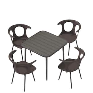 Brown 5-Piece Plastic Patio Outdoor Dining Set with Square Aluminium Table and 4 Cowhorn Chairs for Yard, Gazebo