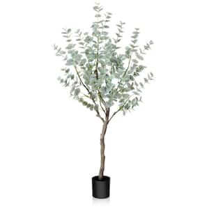 4 ft. Artificial Eucalyptus Tree with White Silver Dollar Leaves, Faux Eucalyptus Tree with Plastic Nursery Pot
