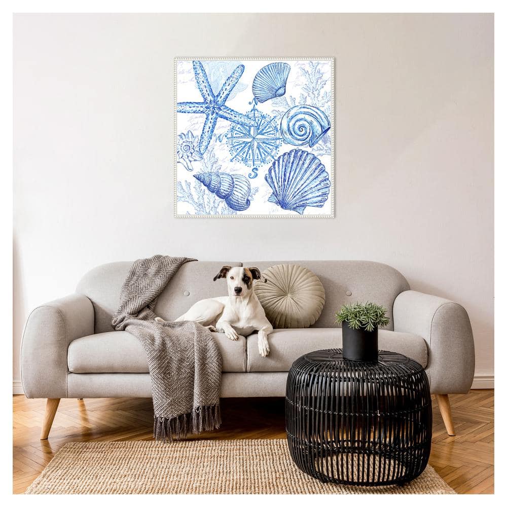 Coastal Blue Sea Shells and Starfish Canvas Wall Art in White Frame