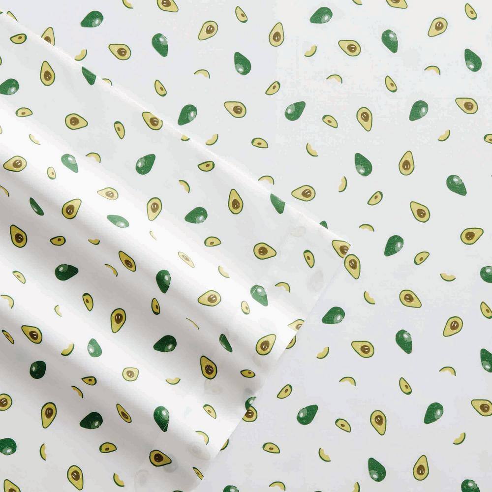 Avocado Print White and Green Percale Cotton Queen Sheet Set