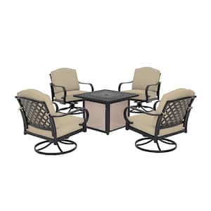 Laurel Oaks 5-Piece Black Steel Outdoor Patio Fire Pit Seating Set with CushionGuard Putty Tan Cushions