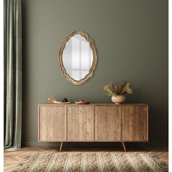 Home Decorators Collection 24 in. W x 34 in. H Oval Wood Framed Wall Bathroom Vanity Mirror in Wood