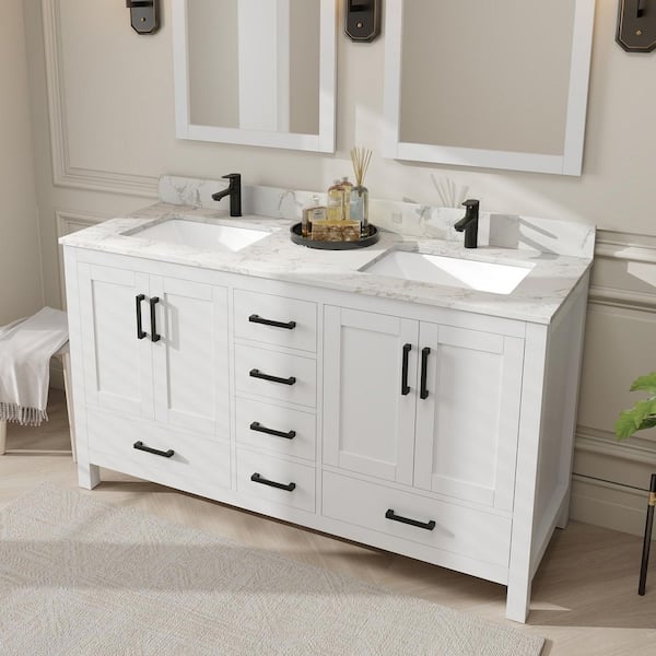 Thera 60 in. W x 22 in. D x 34 in. H Bath Vanity in White with Venato Carrara Top with Basins