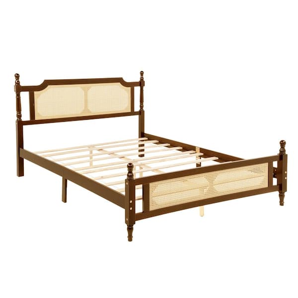Walnut Brown Wood Frame Queen Size Platform Bed with Rattan Headboard and Footboard,Central Enhanced Bed Platform