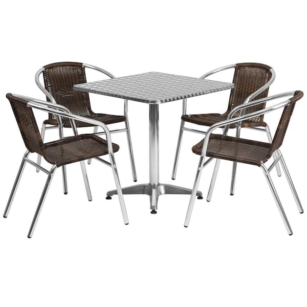 Lila Gray 5-Piece Aluminum Square Indoor - Outdoor Dining Set with 4-Dark Brown Rattan Chairs