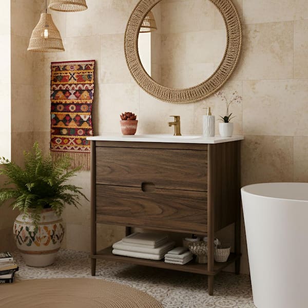 Ellery 36.02 in. Single Sink Freestanding Walnut Bath Vanity with White Ceramic Integrated Square Top