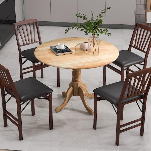 Natural Rubber Wood 39 in. Curved Trestle Legs Rustic Wooden Dining Table with Round Tabletop (Seats 4)
