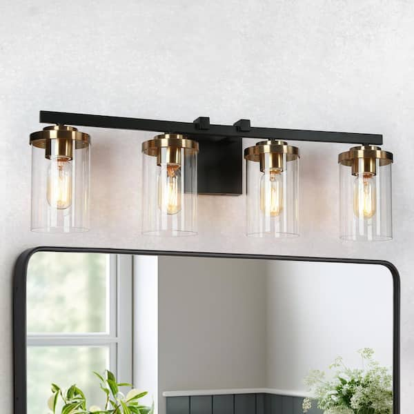 27 in. 4-Light Black Vanity Light for Bathroom Modern Industrial Brass Gold Wall Light with Cylinder Clear Glass Shades