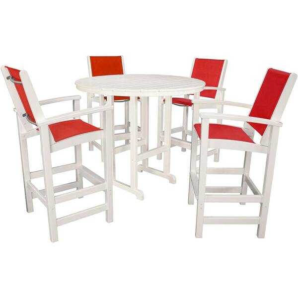 Hanover Nassau 5-Piece White All-Weather Bar Height Outdoor Dining Set with Salsa Red Seats